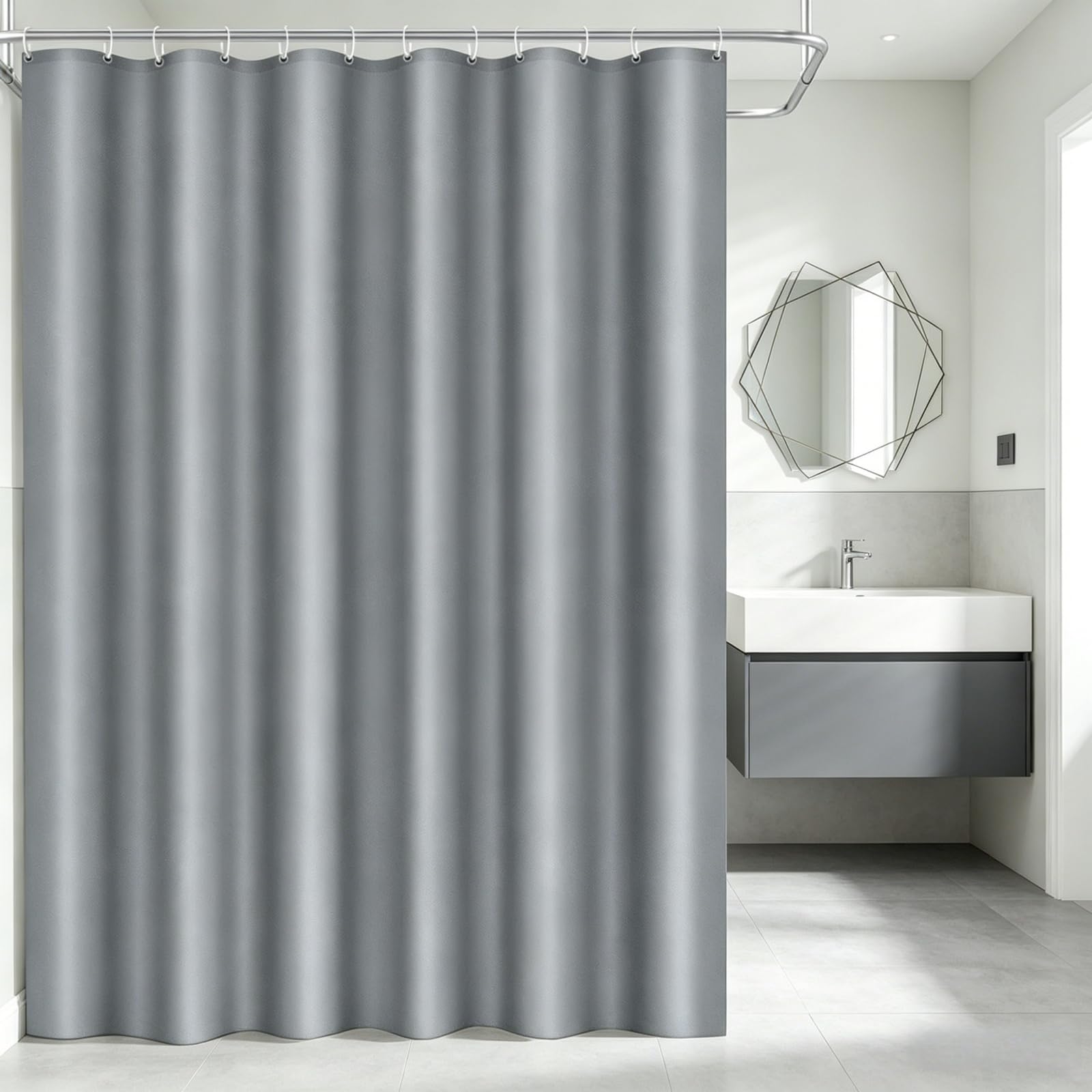 Cortina de Ducha 180 x 200 cm Lavable, Impermeable Cortina de Ducha de Poliéster con 12 Ganchos para Familia, Hotel, Duchas, Bañeras y Cuartos de Baño, Gris