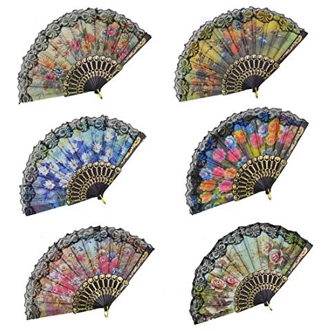 Rbenxia Spanish Floral Folding Hand Fan Size 9" Pack of 10 Pieces Random Color Cover