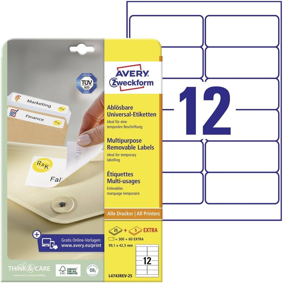 Removable, Printable, Multi Purpose Labels, Multi Surface, 99.1 x 42.3 mm, White, 12 Labels per Sheet, 300 Blank Labels per Pack (L4743REV-25)