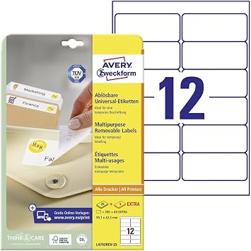 Avery Removable, Printable, Multi Purpose Labels, Multi Surface, 99.1 x 42.3 mm, White, 12 Labels per Sheet, 300 Blank Labels per Pack L4743REV-25