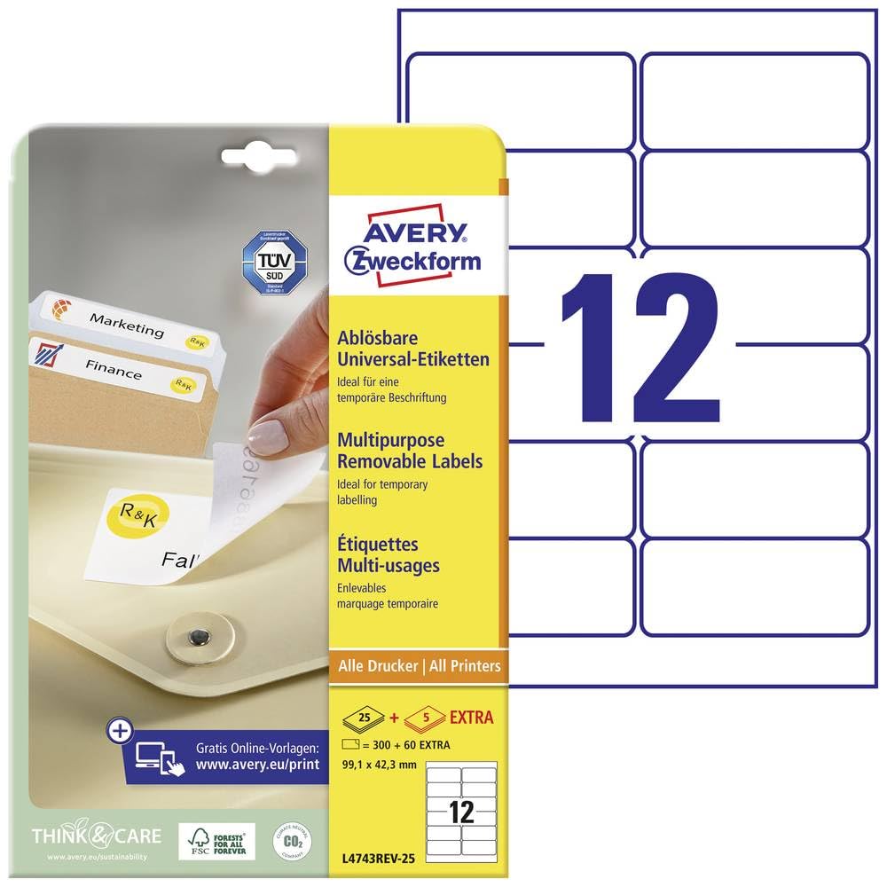 Avery Italia L4743REV-​25 Etichette adesive carta bianca adesivo rimovibile nessun residuo, 25 fogli A4, rettangolari 99,​1x42,​3mm, 12 etichette per foglio, adesivo rimovibile, stampanti laser e inkjet