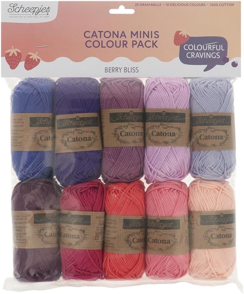 Scheepjes Catona Color Pack, 10 x 25 g (0.88 oz) Berry Bliss - Mercerized Cotton Crochet Yarn Set