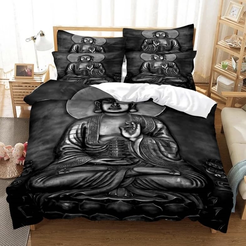 Housse de Couette 140x200 Bouddha Gris avec 2 Taies d'Oreiller
