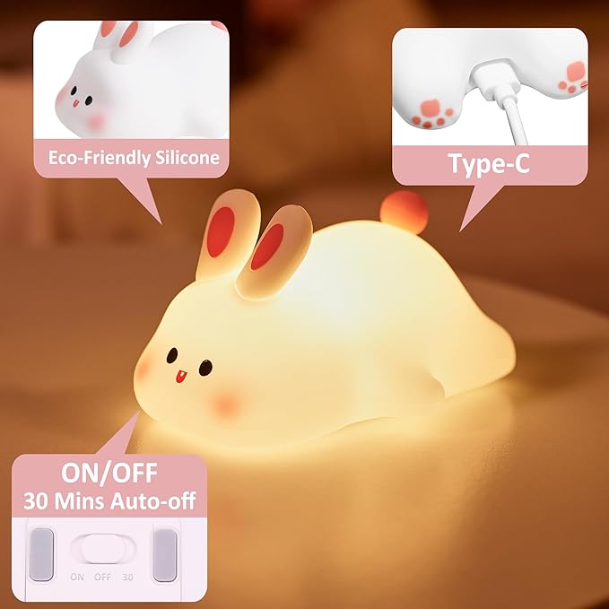 Lámpara de noche conejito silicona táctil recargable miniatura 6