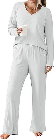 Ekouaer Womens Ribbed Knit Pajamas Set V Neck Long Sleeve Pj Set 2 Piece Loungewear Casual Sleepwear