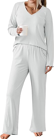 Ekouaer Womens Ribbed Knit Pajamas Set V Neck Long Sleeve Pj Set 2 Piece Loungewear Casual Sleepwear