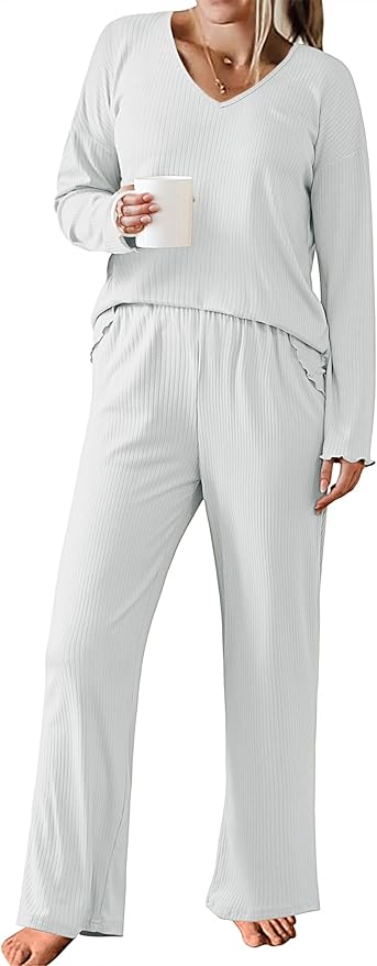 Ekouaer Womens Ribbed Knit Pajamas Set V Neck Long Sleeve Pj Set 2 Piece Loungewear Casual Sleepwear