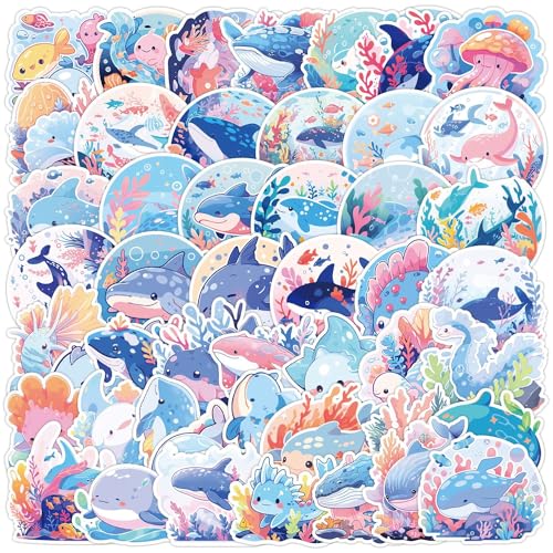 Lot de 50 autocollants mignons de la vie océanique peints à la main requin baleine dauphin pour guitare, skateboard, ordinateur portable, bagage, vinyle...