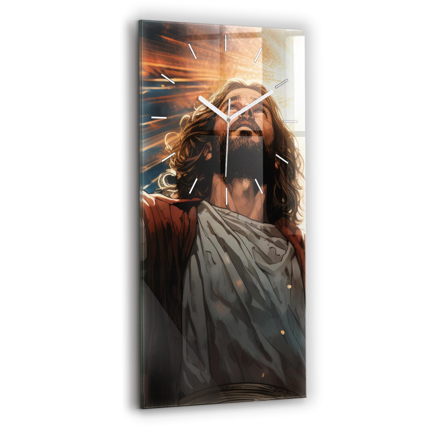 Reloj de vidrio de alta calidad Sacroarte 30x60cm con gráficos de Jesús y el cielo