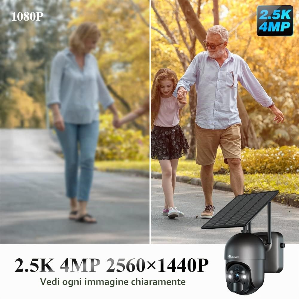 Ctronics 2.5K 4MP Telecamera Wi-fi Esterno con Pannello Solare | 2560 * 1440P, Batteria 355°/90° PTZ, Luce LED Visione Notturna a Colori, Rilevamento Umano PIR, IP66