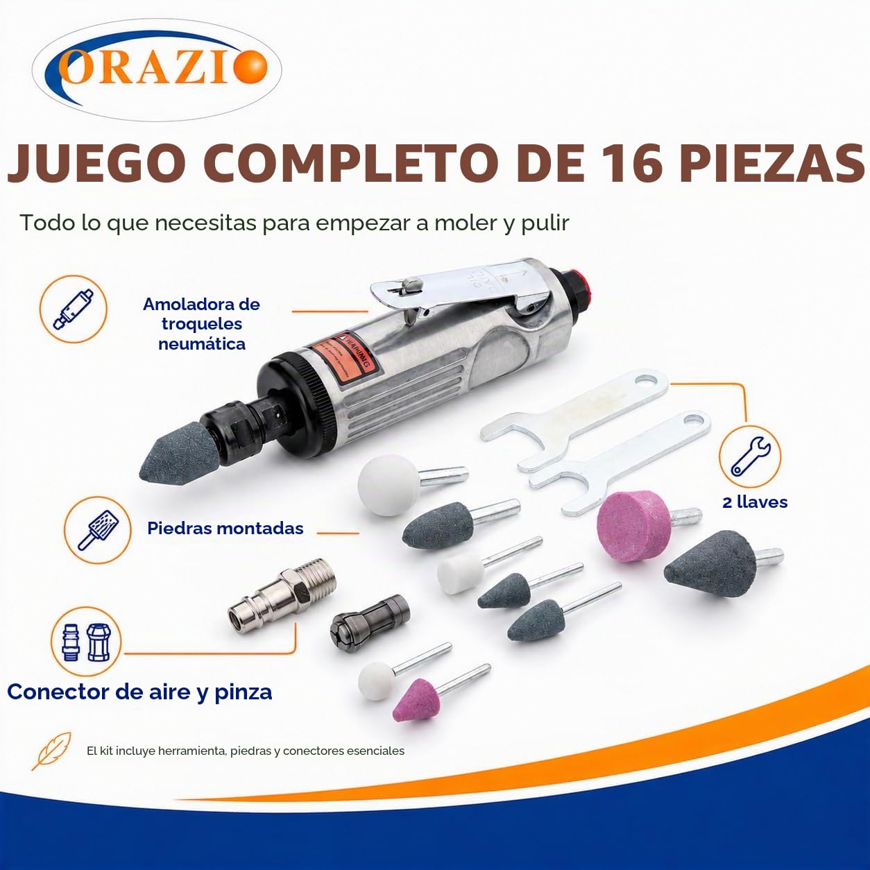 ORAZIO Kits de Amoladoras rectas de Aire 16 Piezas, Mini Amoladora Recta Neumática para Reparación de Neumáticos y Otras Aplicaciones, con Accesorios de 3mm 6mm 212505B