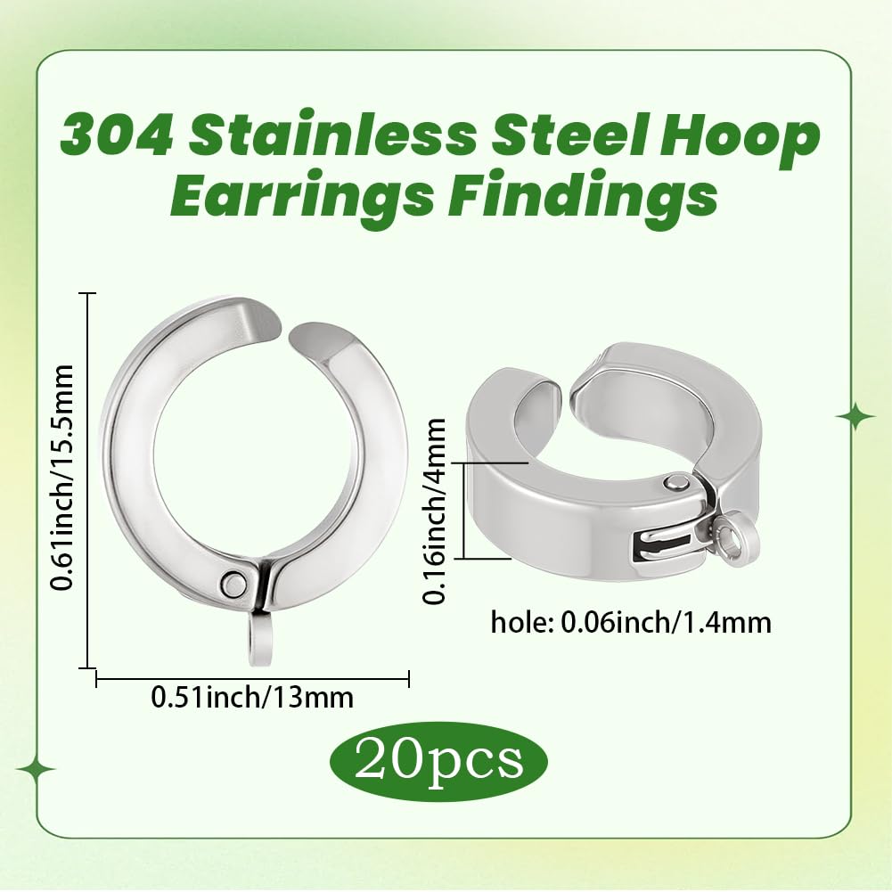 Beebeecraft 20 pz 304 Clip per Orecchini in Acciaio Inossidabile Convertitori per Orecchini A Cerchio Huggie con Clip in Metallo Argento da 15.5x13x4mm per La Creazione di Gioielli Fai da Te.