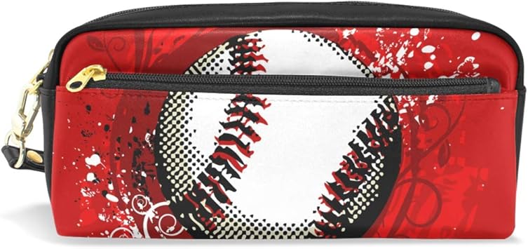 Amazon Sukau ペンケース 大容量 筆箱 おしゃれ 野球 ボール柄 レッド 革 高校生 女子 男子 中学生 多機能 ペンケース 文房具 オフィス用品