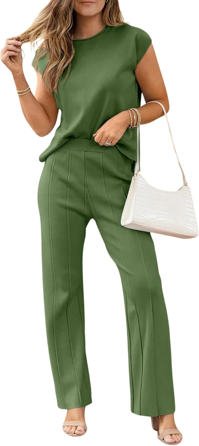 Maternity Ribbed Knit 2-Piece Set – Ice Silk Tank Top & Stretchy Wide-Leg Pants, Soft Lounge or Travel Outfit