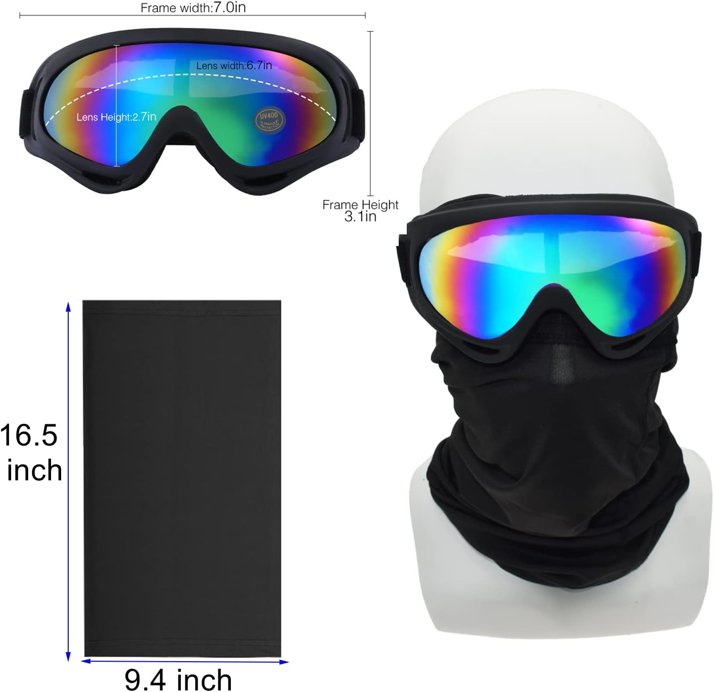 LJDJ Motorcycle Goggles,4 Pack Dirt Bike ATV Motocross Riding Offroad Protective with 4 Pack Neck Breathable Bandana Mask for Men Women Kids Youth Adult