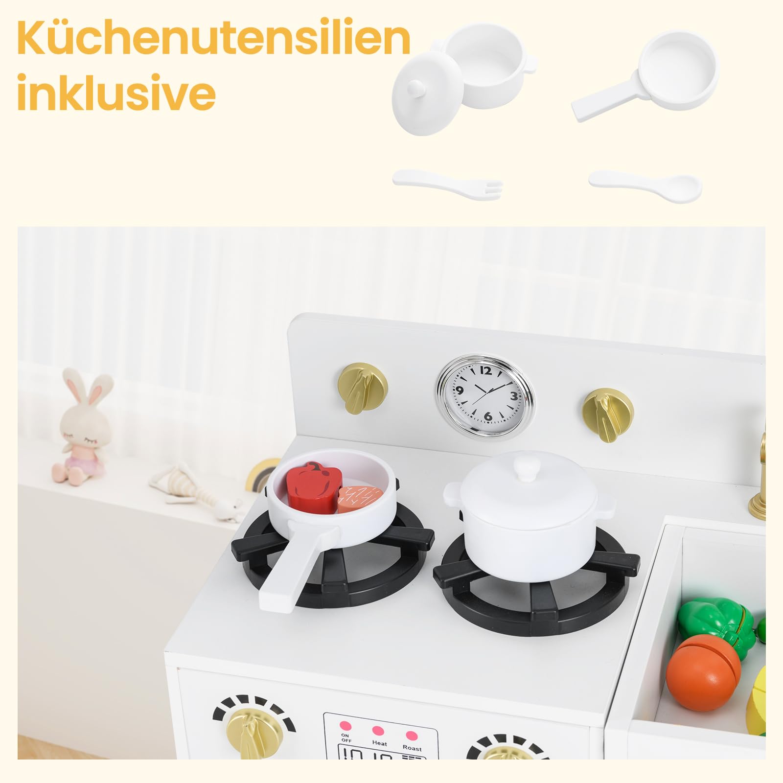 COSTWAY Kinderküche mit Kühlschrank, Spielküche Holz mit Herd & Spüle & Spülmaschine, Spielzeugküche inkl. Zubehör, Holzküche für Kinder ab 3 Jahren