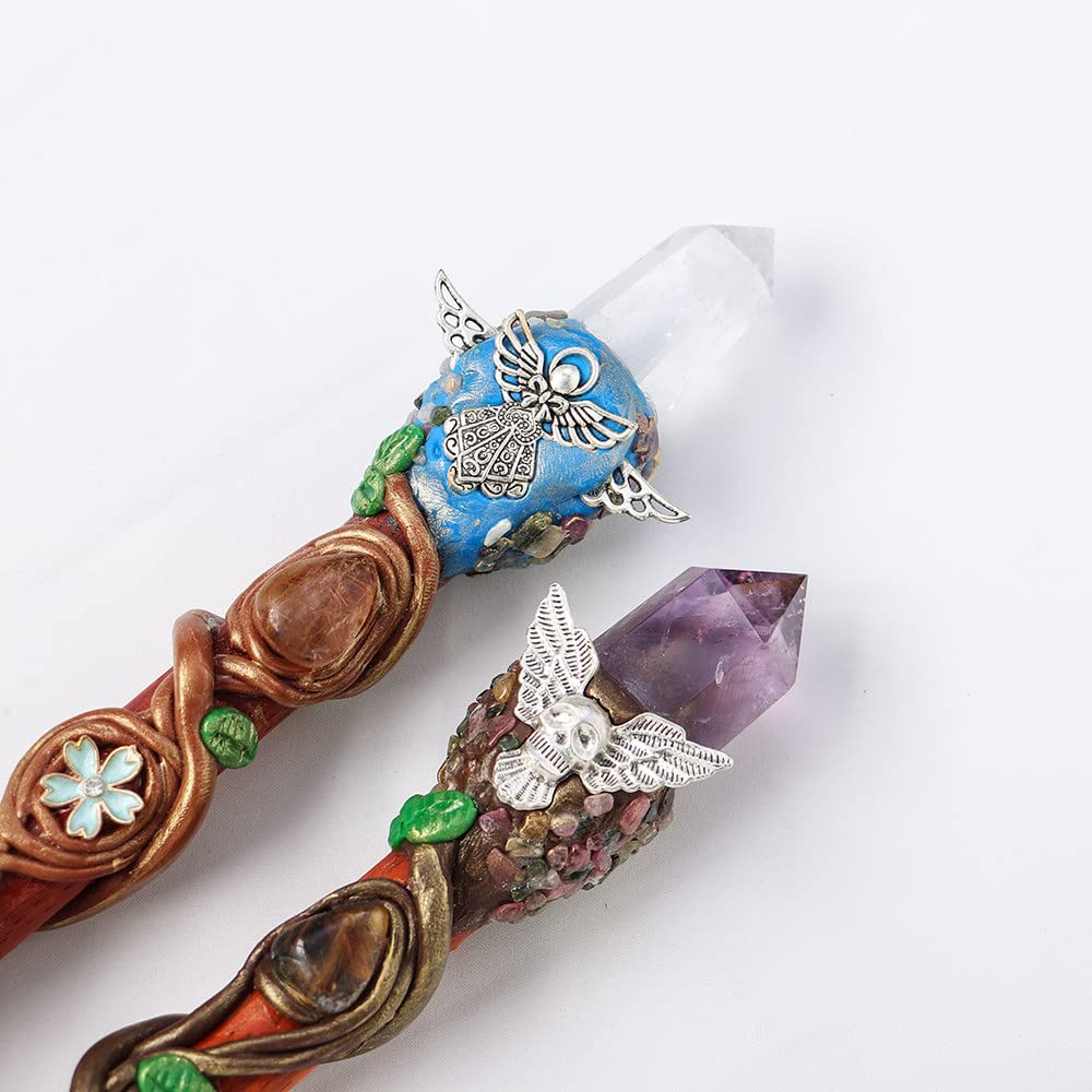 Youther Bacchetta Magica Di Cristallo Naturale Fatta A Mano Ametista Quarzo Trasparente Lucido Intaglio Gemma Ramo Twining Bacchetta Cosplay Prop,b