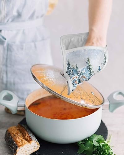 Miniatura 4 de Juego de 2 agarraderas azules de Navidad para cocina, antideslizantes y aislantes de calor, juego de agarraderas de tela de toalla con bolsillo,