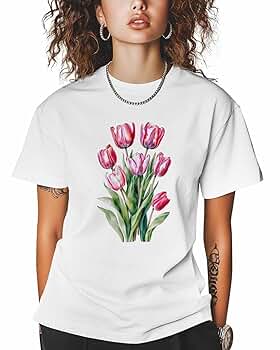 Tシャツ・カットソー [WHAT IT ISNT]WOMEN'S FLORY WAPPEN CROP SHORT-SLEEVE T-SHIRT Graphic Women's T-Shirt Pink Tulip Flower Cotton Top Short