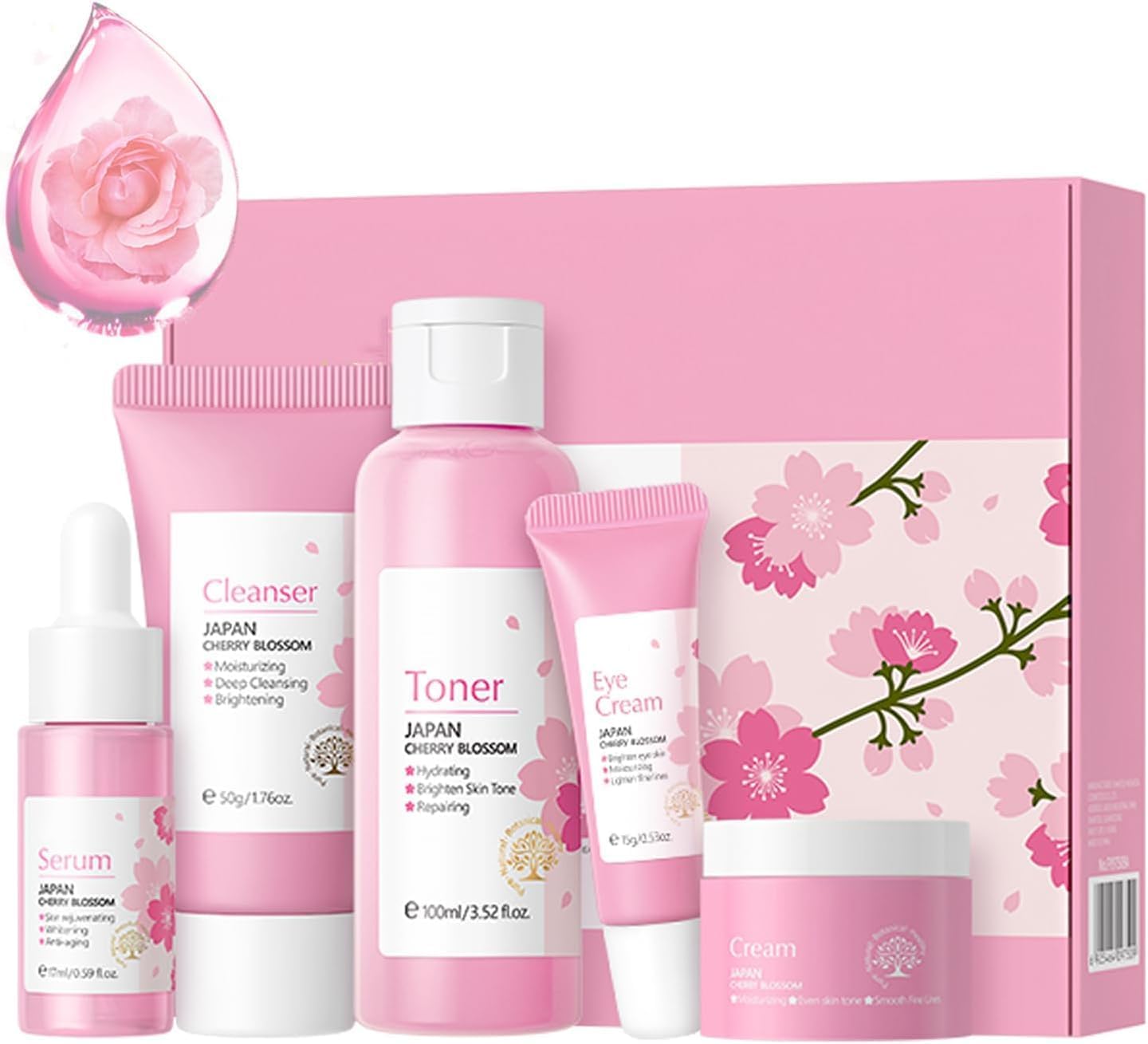 Korean Skin Care Set – Sakura Skin Care Sets & Kits – Women Gift Sets with Cleanser-Toner-Serum-Face Cream-Eye Cream-Skin Care Routine Kit for Women (One Size, Cherry Blossom-Start Kit)