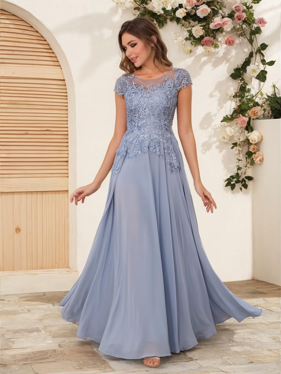 AKLASU Mother of The Bride Dresses Chiffon Lace Applique Short Sleeve Mother of The Groom Dress Long Formal Dress with Pocket - Image 4