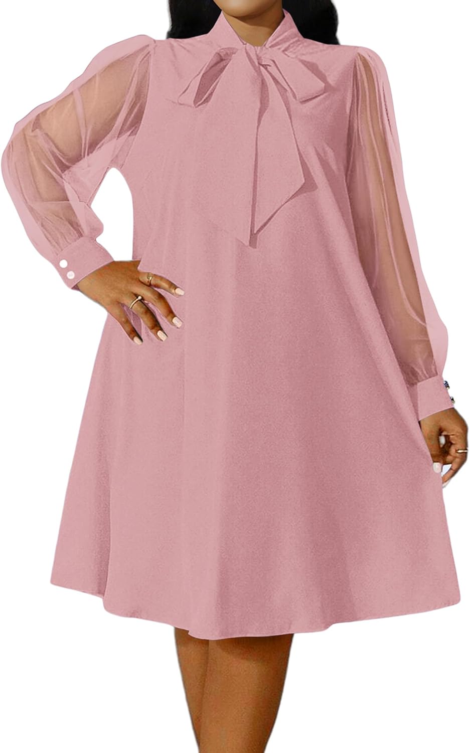Ekaliy Women's Puff Sleeves A-Line Dress V Neck Bow Loose Flowy Cocktail Party Dress with Pockets