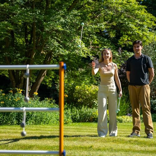 Uber Games Ladder Golf-Spielset – Hochwertiges Leiter-Gartenspiel aus Gummibaumholz – 12 Bolas-Bälle aus echtem Gold und Tragetasche und Aufbewahrungstasche aus Segeltuch
