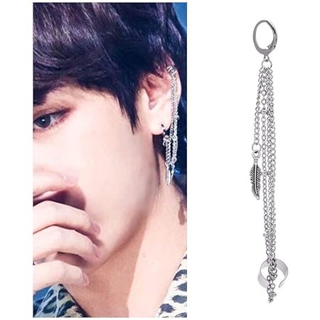Amazon Co Jp Bts V ピアス テテ着用タイプ ロングチェーン クリップ フェザー付き ジュエリー