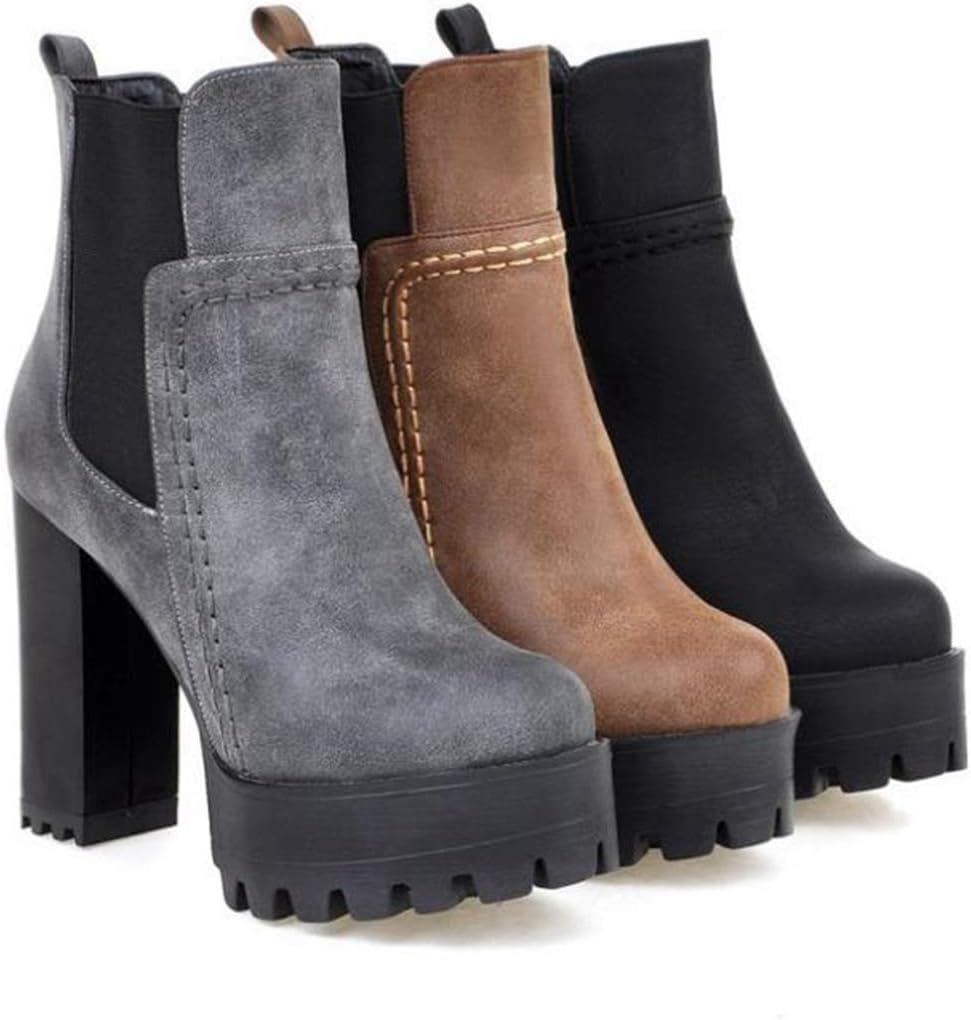 VOKLIN Women's Platform High Heeled Ankle Boots Round Toe Chelsea Waterproof Elastic Dressy Short Booties