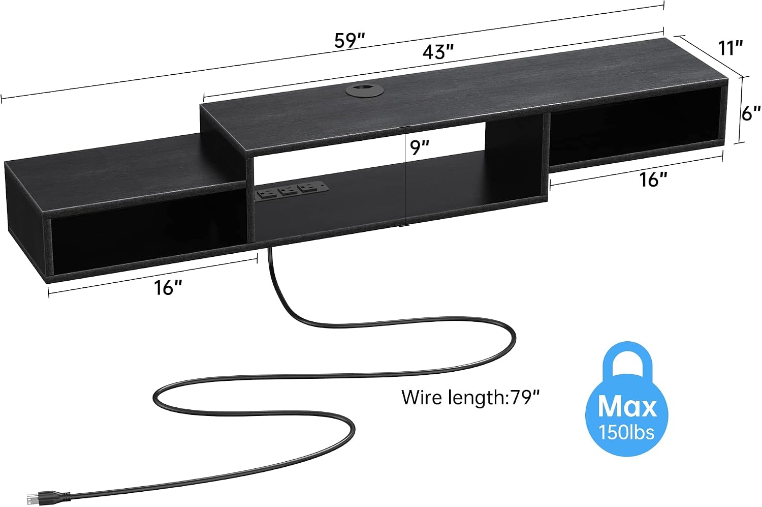 FABATO 59" Floating TV Stand with Power Outlet Wall Mounted Media Console Cabinet Shelf Under TV for Cable Box Audio Video Black