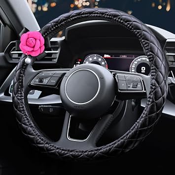 Cobear Creative Flower Microfiber Leather Cute Car Steering Wheel Cover, for Steering Wheel with a Diameter of 14.5"-15", Car Wheel Protector for Fit Suvs,Vans,Sedans,Car,Trucks,Red