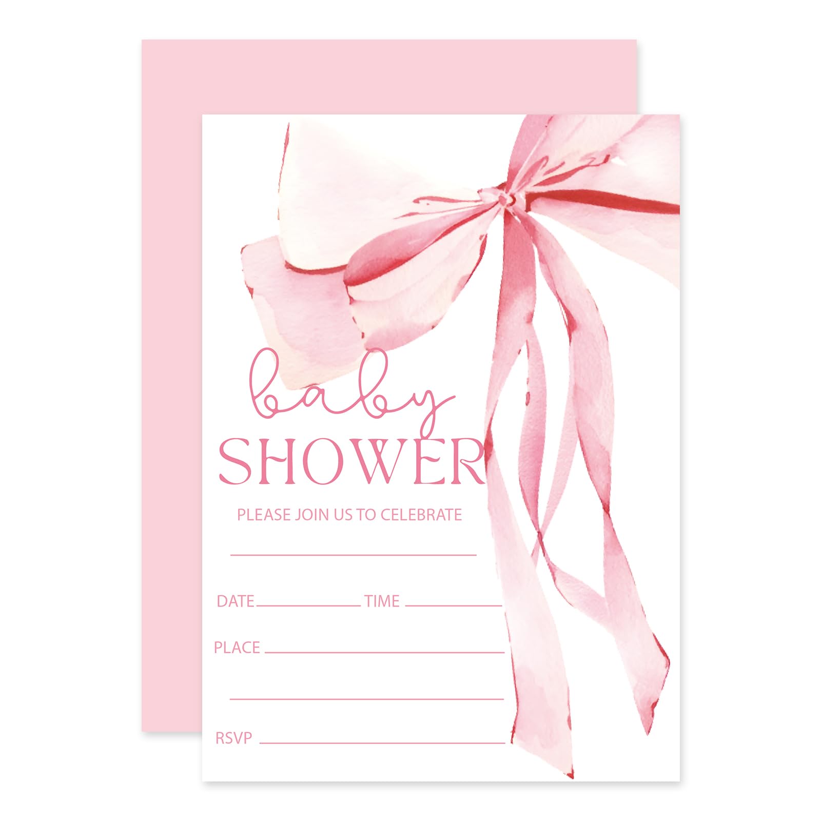 Whaline 25 Pack Girls Baby Shower Invitations with Envelopes and Stickers 5 x 7 Inch Pink Bow Invitation Cards Coquette Bowknot Blank Invites for