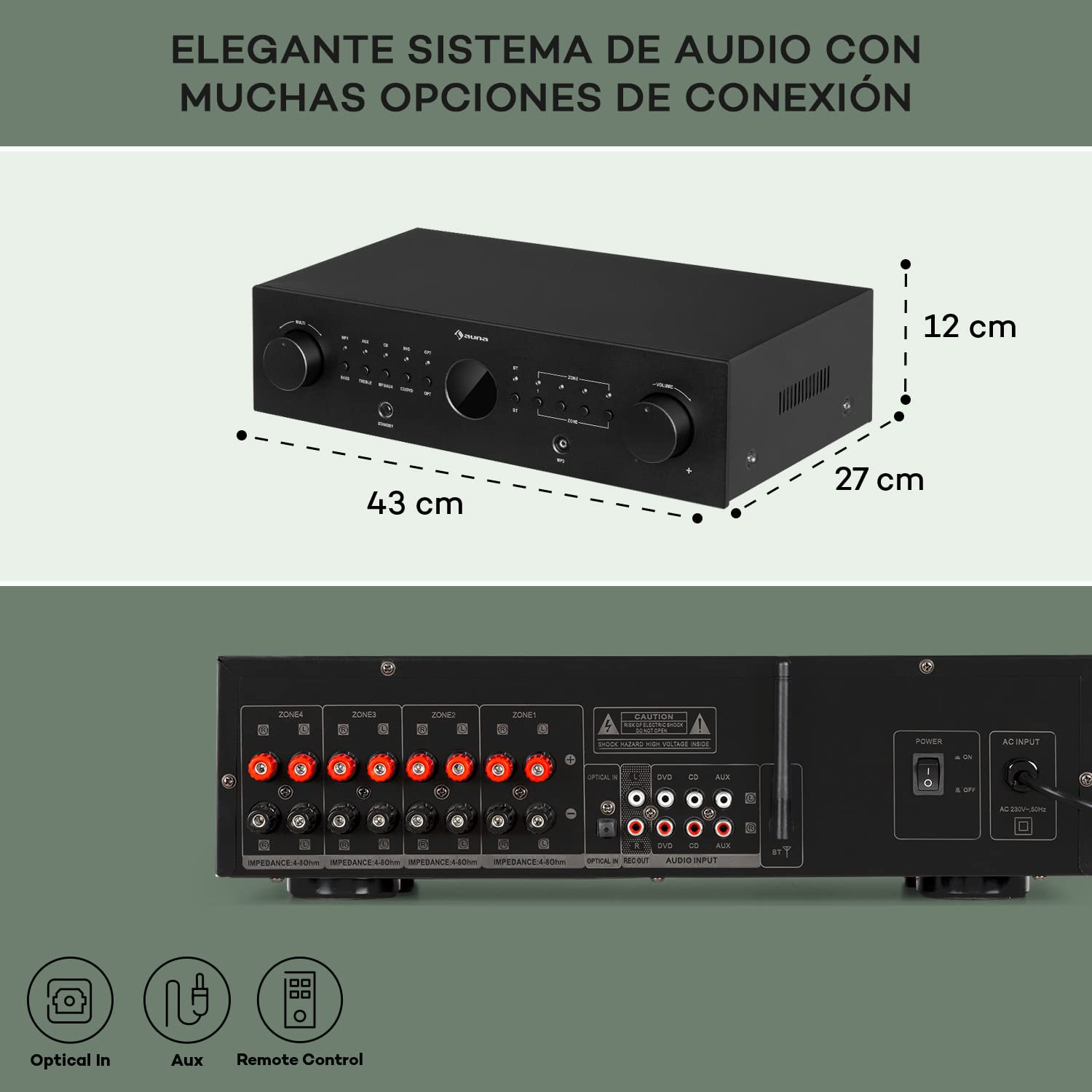 auna AMP-CD950 DG - Amplificador Digital, Multicanal, 4 Salidas estéreo, Potencia Salida 8 x 100 W RMS, Entrada óptica, Bluetooth, AUX, CD/DVD, MP3, Procesador Digital de señales, LED, Negro