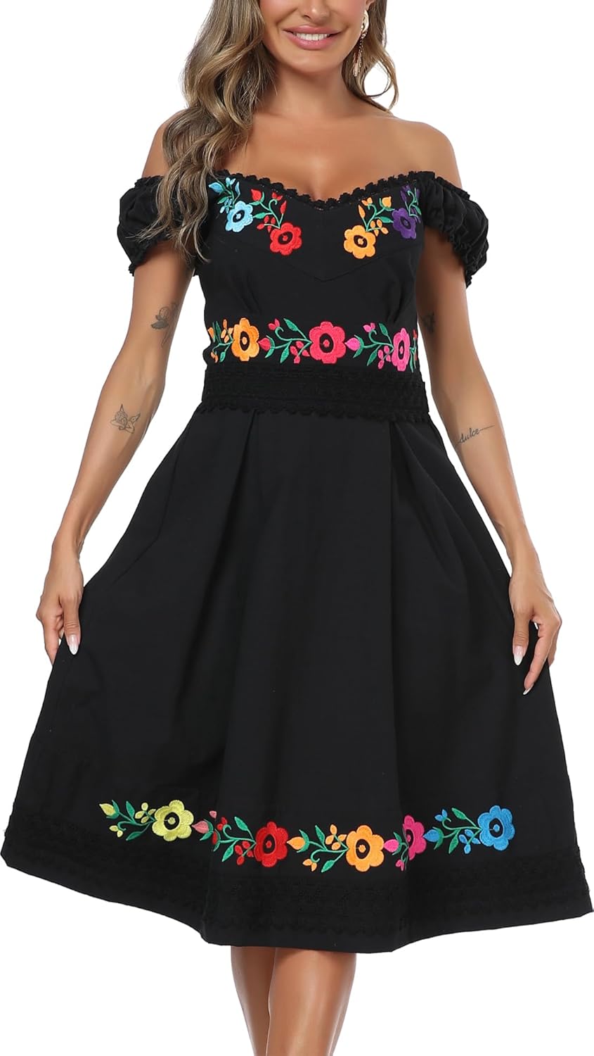 YZXDORWJ Mexican Dress for Women Embroidered Off Shoulder Peasant Cotton Dress Boho Outfit - Image 6