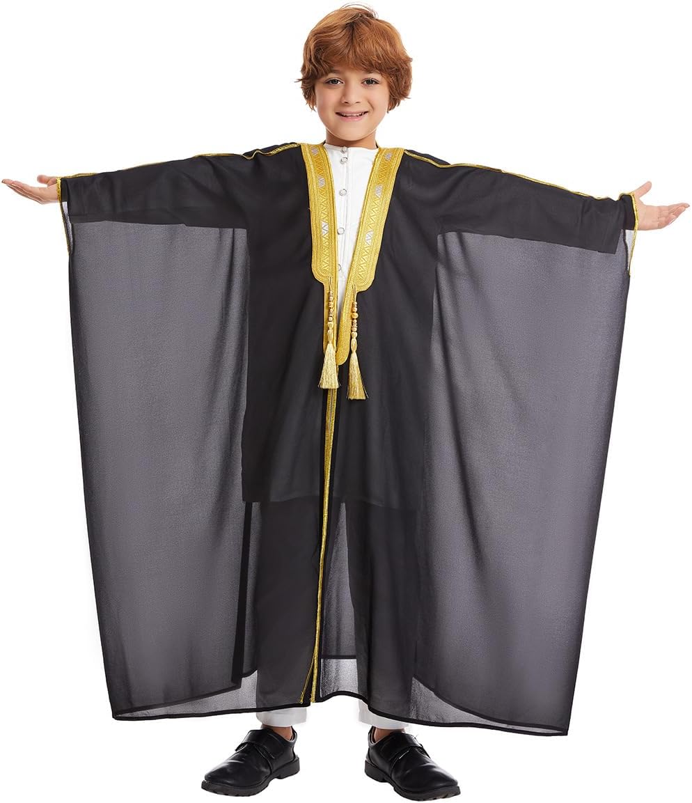 IDOPIP Muslim Thobe for Boys Islamic Arabic Kaftan Robe Ramadan Kids Long Sleeve Embroidery Tassels Open Front Cardigan Thobe