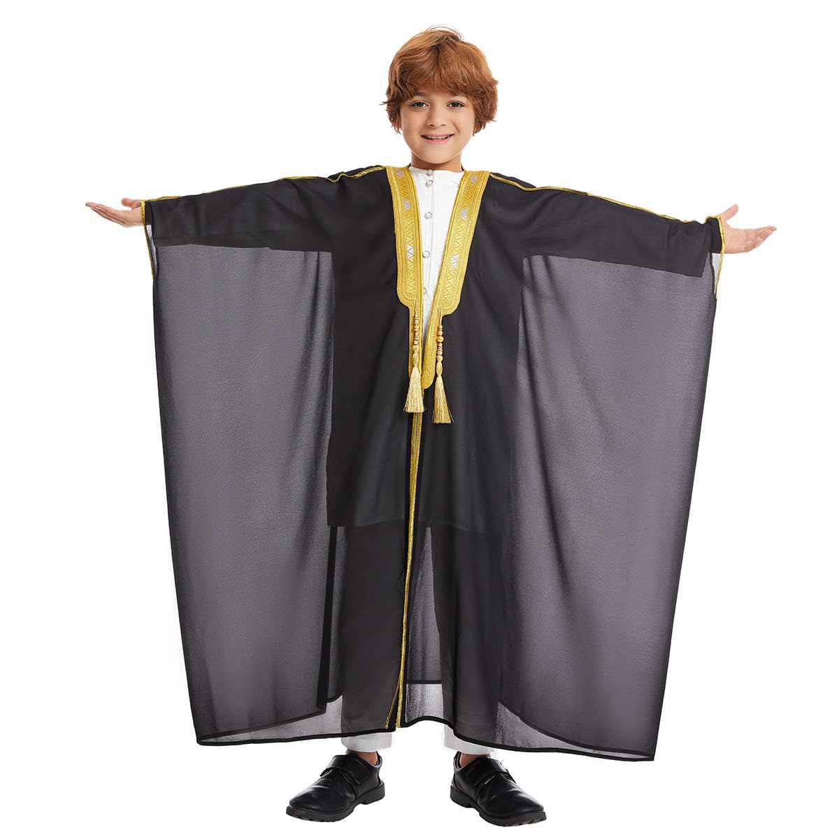 Open Front Kaftan for Boys Muslim Kids Abaya Islamic Prayer Clothes Embroidered Long Sleeve Cardigan Dress Chiffon Robe