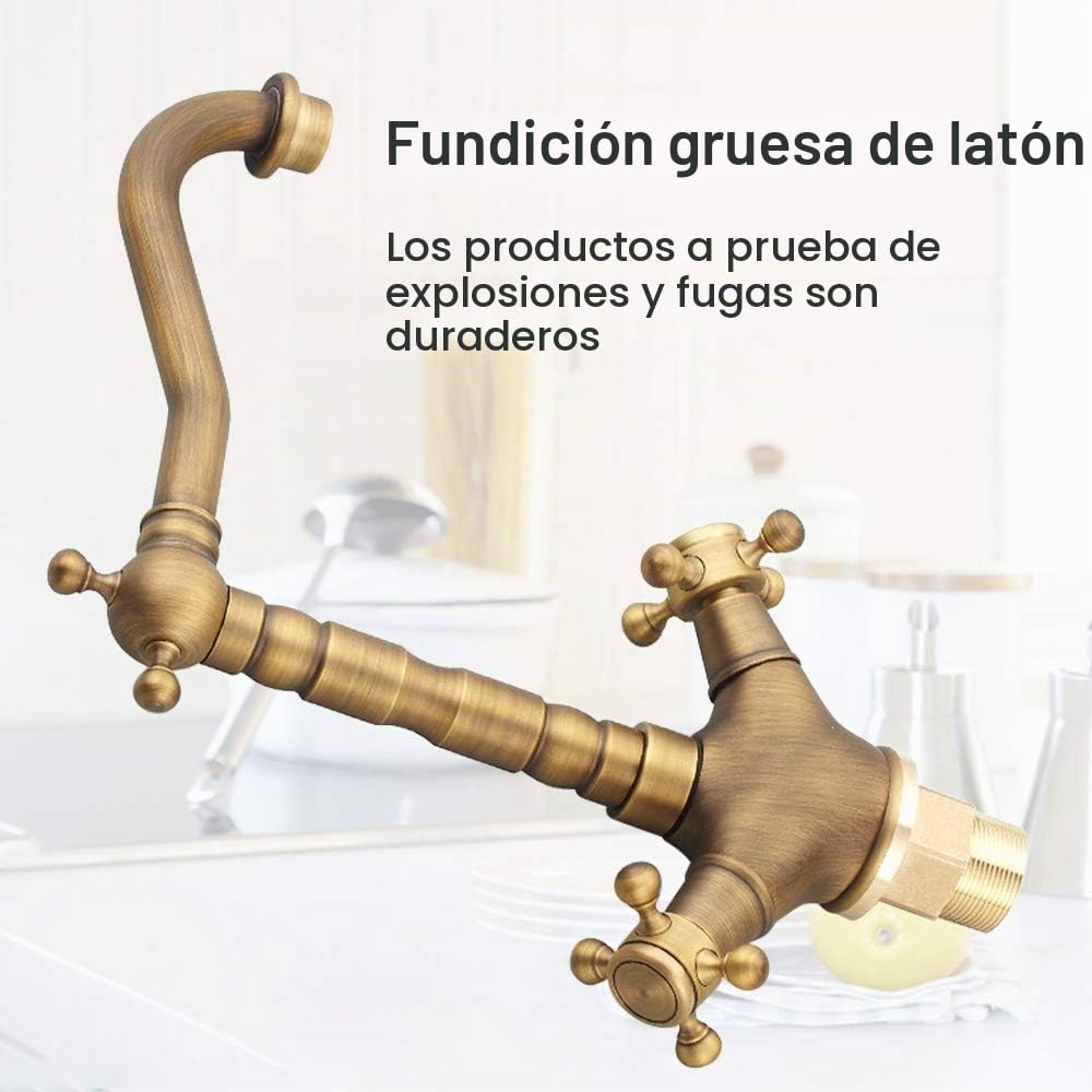 Grifo Lavabo Latón Vintage,Grifo Lavabo Alto de Agua FríA y Caliente con Dos Mandos Giratorios,Grifo Del Fregadero Baño Cocina Cerámica,con 2 Mangueras,Salida de Agua con Giro de 360°,Ahorro de Agua