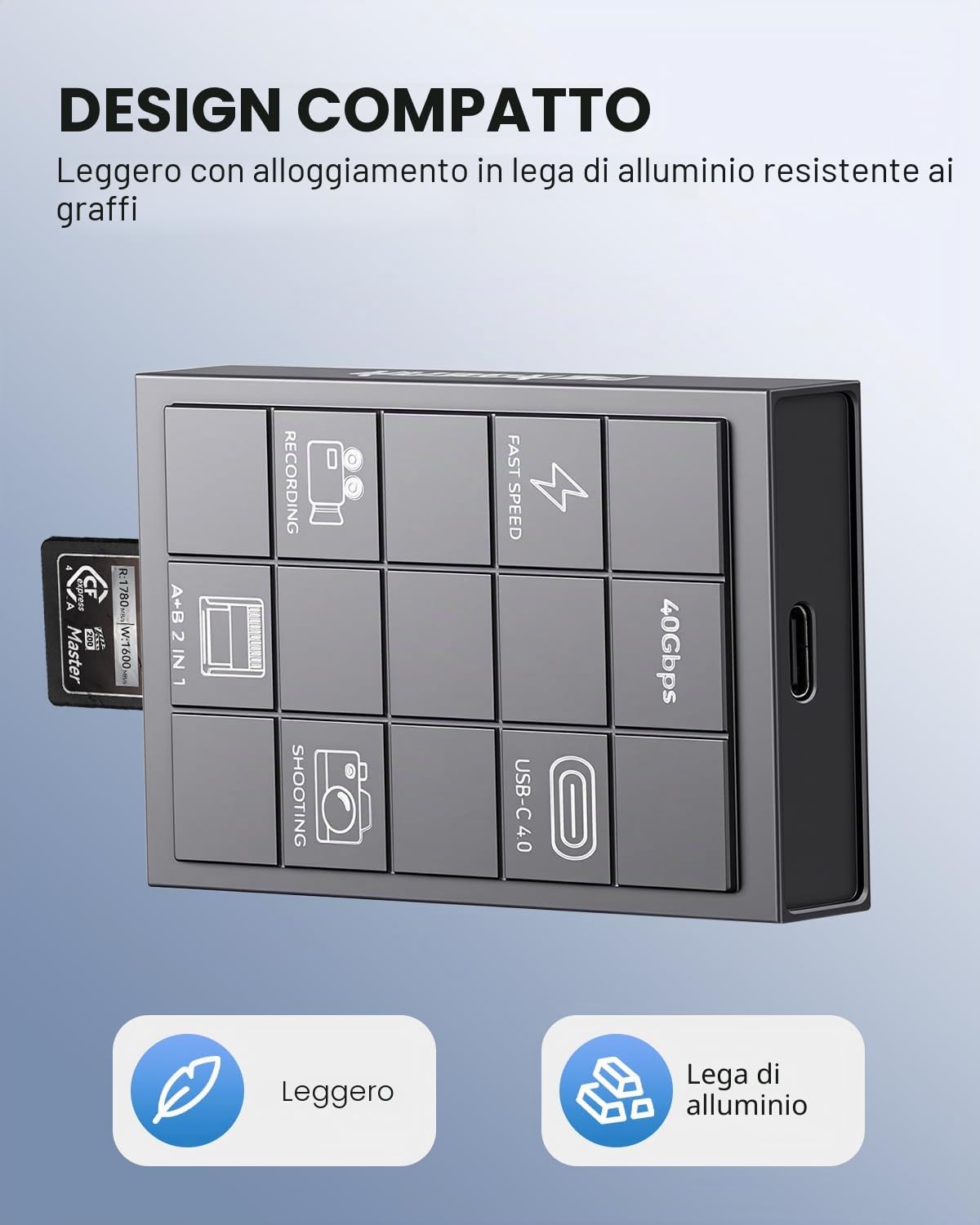 PERGEAR Lettore di schede professionale CFexpress 4.0 tipo A, USB tipo C 40 Gbps tipo C su CFexpress tipo A+B 2 in 1, trasmissione ad alta velocità per Windows/Mac/Linux/Android/iPad