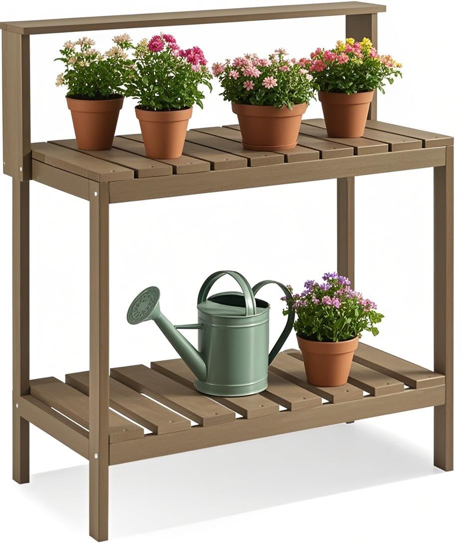 Efurden Mesa de banco para macetas, mesa para macetas al aire libre hecha de madera de polietileno, mesa de jardinería y estación de macetas, color marrón