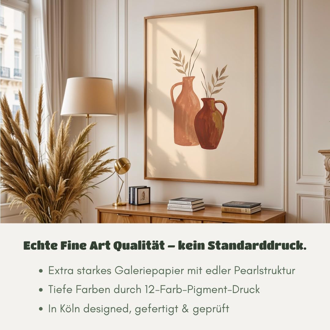 MJ-GRAPHICS® Poster Krüge Kunstdruck Blätter Wandbild minimalistisch Braun Beige Wohnzimmer Deko elegantes Kunstwerk harmonische Atmosphäre ideale Ergänzung A2 mit beigem Rahmen