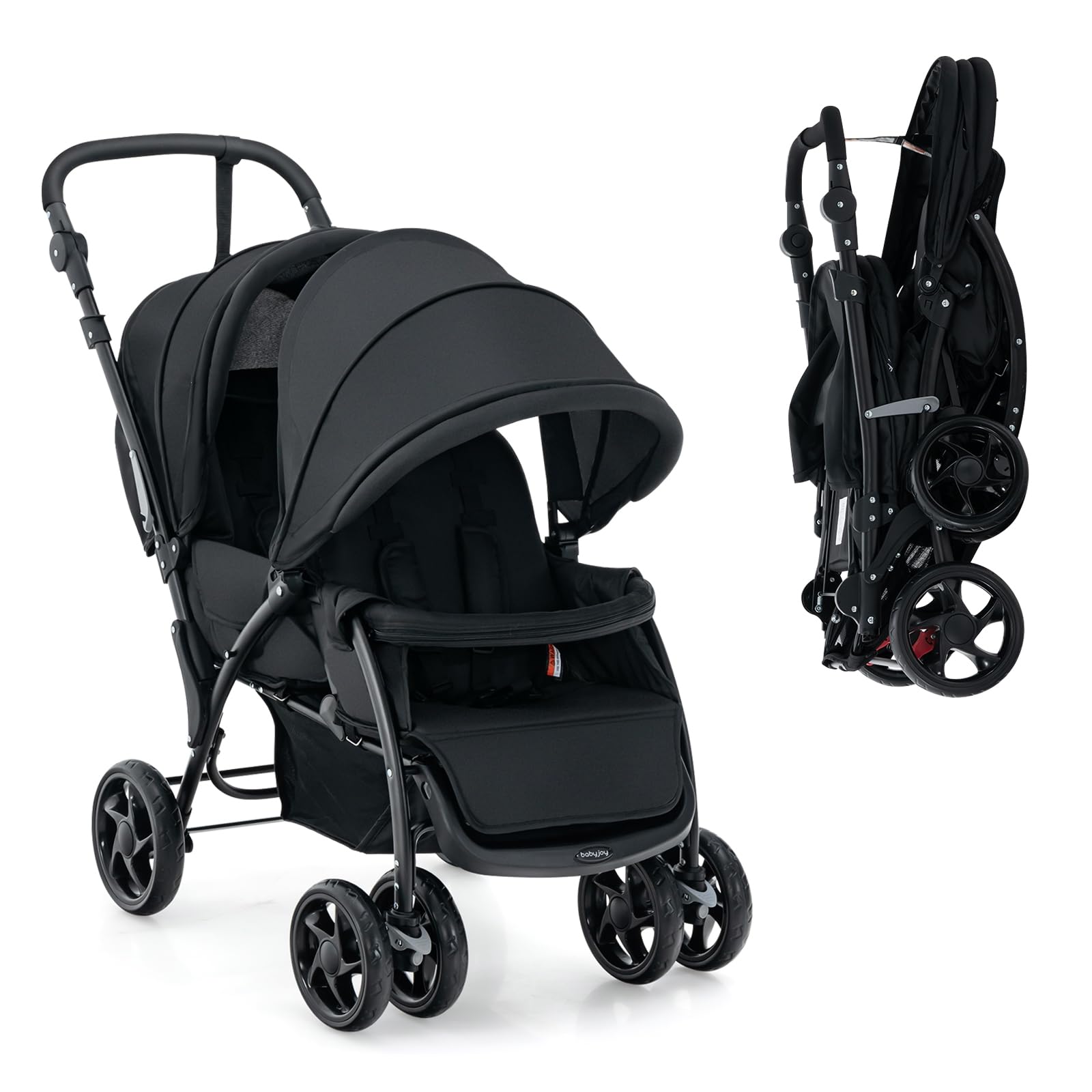 LIFEZEAL Passeggino Gemellare, Doppio, Carrozzina per Bambini, Passeggino da Viaggio, Leggero, Pieghevole, Compatto, Regolabile, Portatile, Reclinabile, Comodo, Max 30 kg, 123x57x95-110 cm (nero)