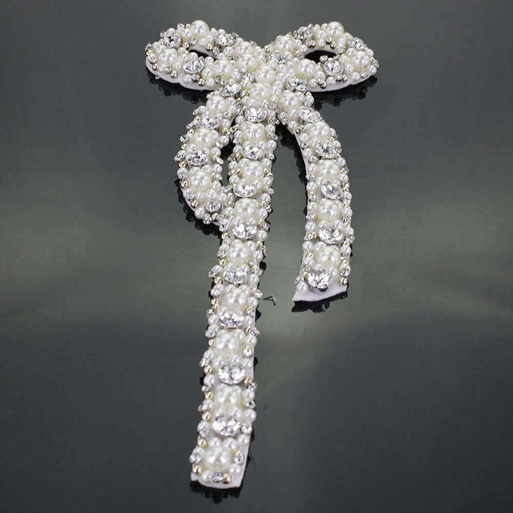 Handmade Large Pearl Bow Flower Beaded Patch for Clothing Embroidery Applique Decoration Patches Sewing on Accessories (White)