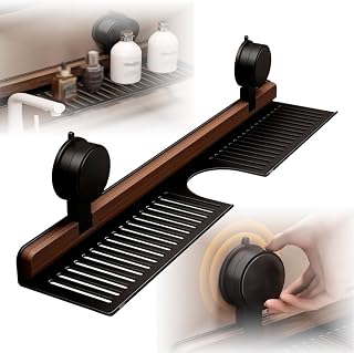 Walnut Bathroom Kitchen Suction Storage Holder, 2025 New Removable Wall Mounted Sink Shelf Over Faucet, Sink Faucet Organizers,No Drill Faucet Organizer Rack for Bathroom (Black, 40CM)