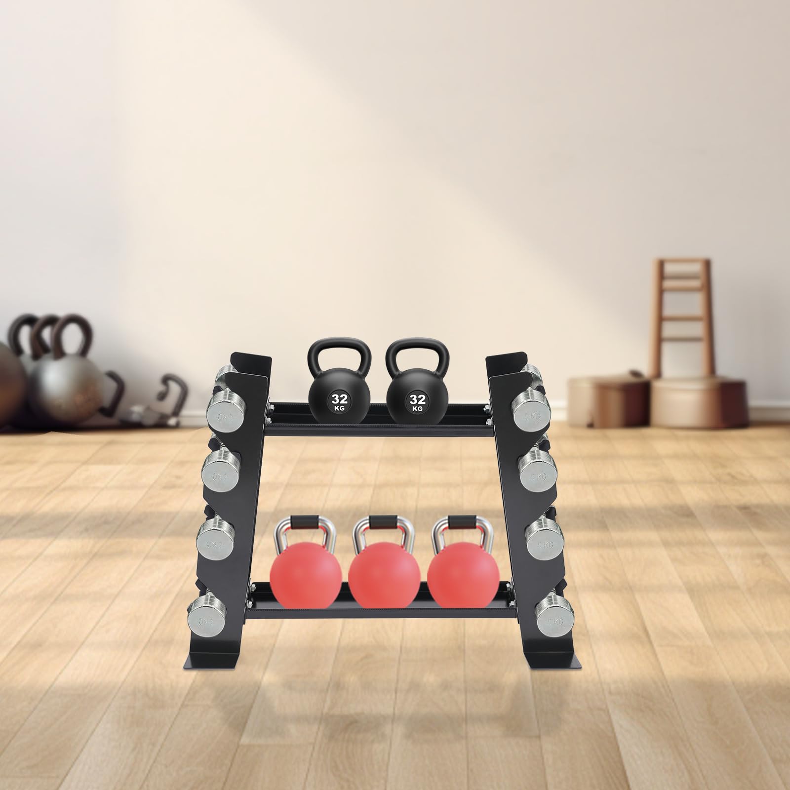 Soporte de pesas multifuncional, soporte para pesas con capacidad de peso de 150 kg, soporte de disco ajustable para mancuernas y pesas rusas