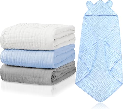 Miniatura 8 de Preboun 6 toallas de baño de muselina para bebé con capucha, lindas toallas de algodón absorbente con capucha para recién nacidos, niñas, niños