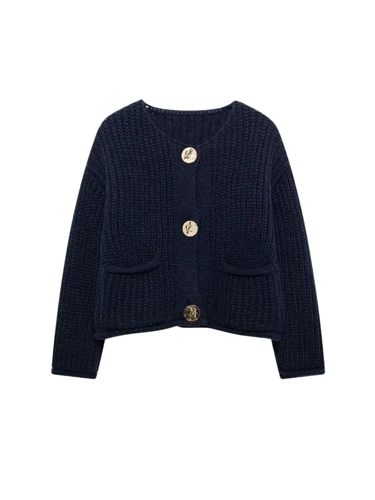 Suéter de Punto Manga Larga for Mujer, Botones Dorados, Bolsillos Parche Delanteros, Cuello Redondo, Prenda Exterior Femenina Cárdigan Mujer
