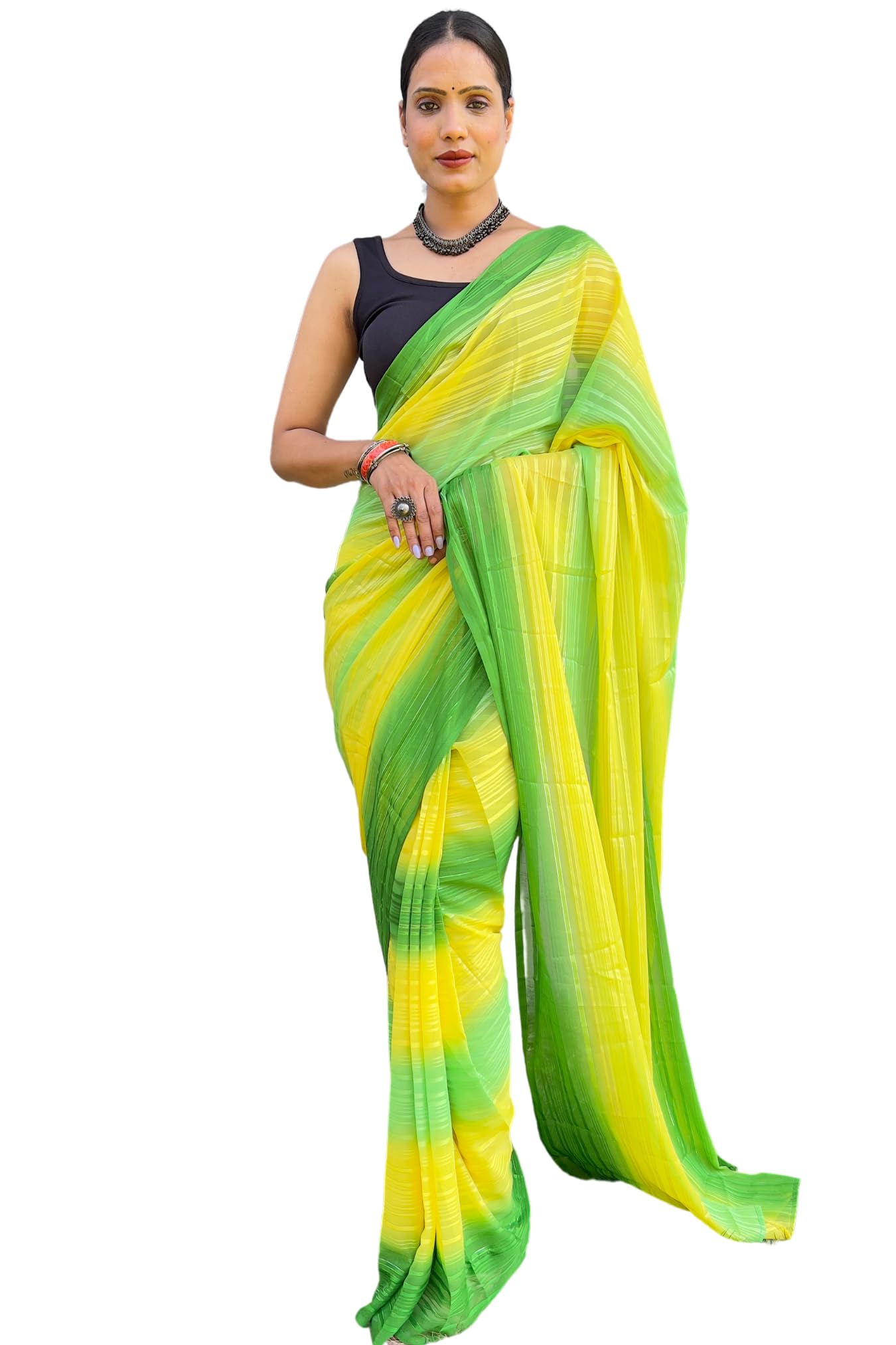 Shiv Textiles Womens Gorgette Zari Striped Zip And Go Pre-Stitched Saree  Effortless Wear & Comfort : Ready To Wear Saree(Sb-St-R-15-Green)