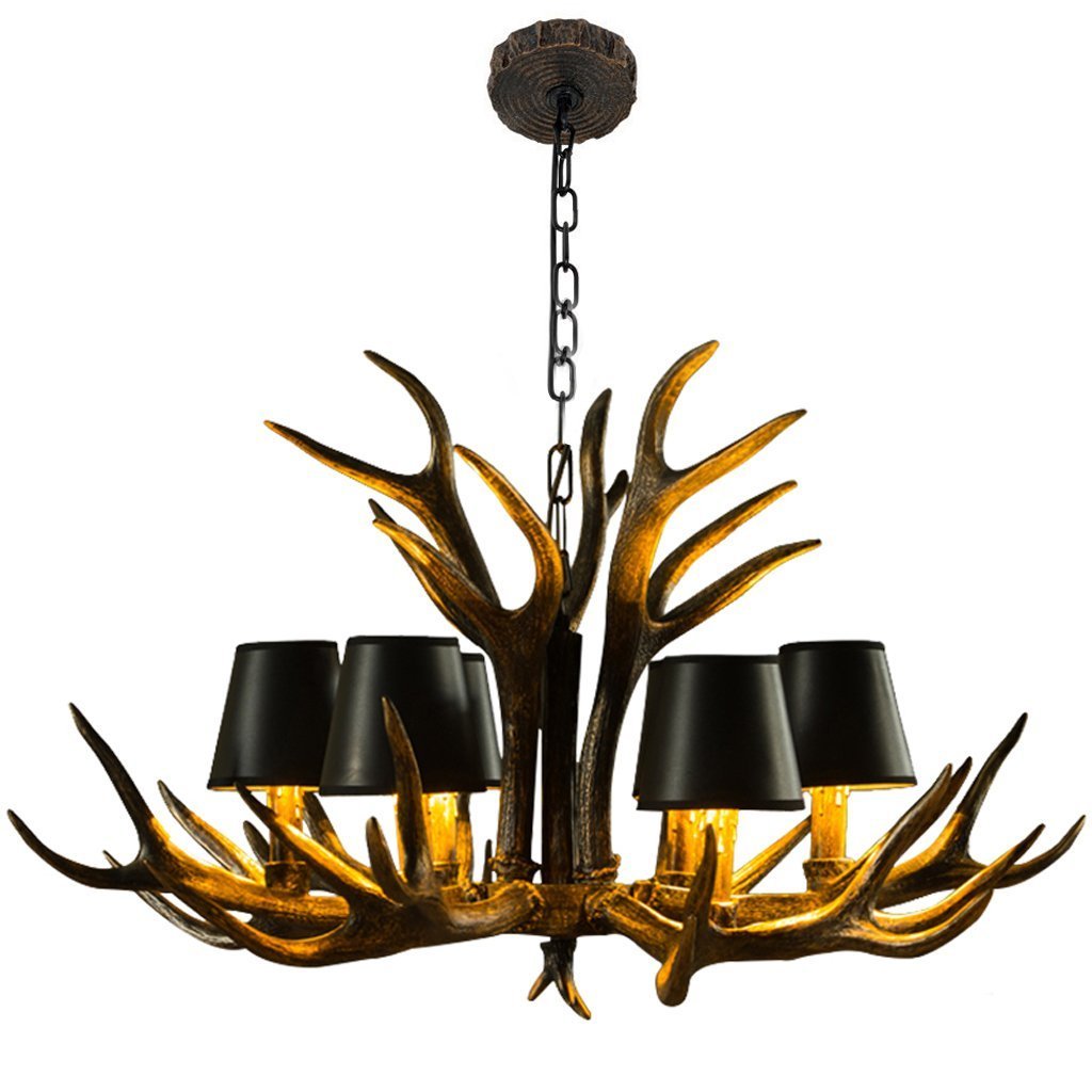 Vintage Style Faux Antler Chandelier With 6 Spiral Lamp Holder Rustic Hanging Ceiling Light For Dining Room Living Room Bar Cafe Antler Decor For