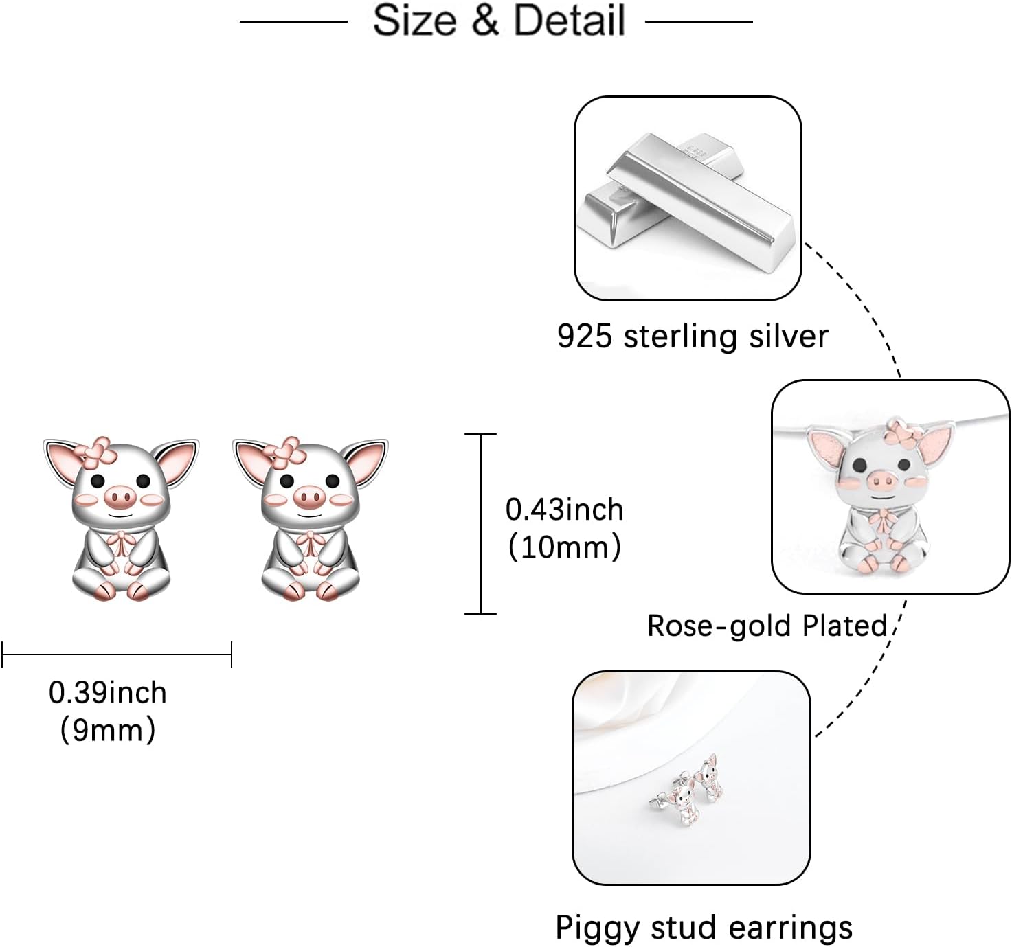 Pig Stud Earrings for Women - Cute 925 Sterling Silver Animal Piggy Studs Jewelry Gifts Hypoallergenic Halloween Christmas