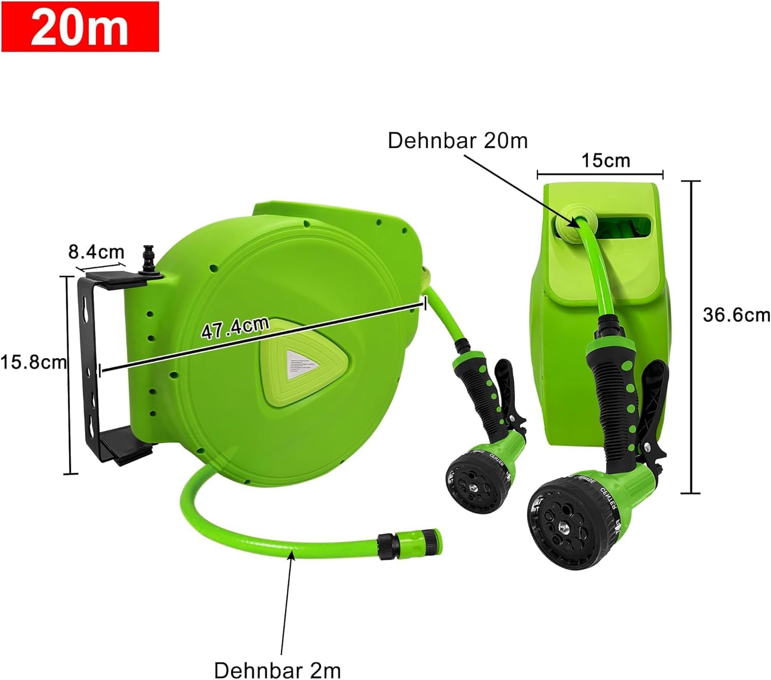 UISEBRT Tambor de manguera de 20 + 2 m para manguera de jardín, caja giratoria de 180° con soporte de pared, tambor de manguera de agua automático para jardín, riego, lavado de coche